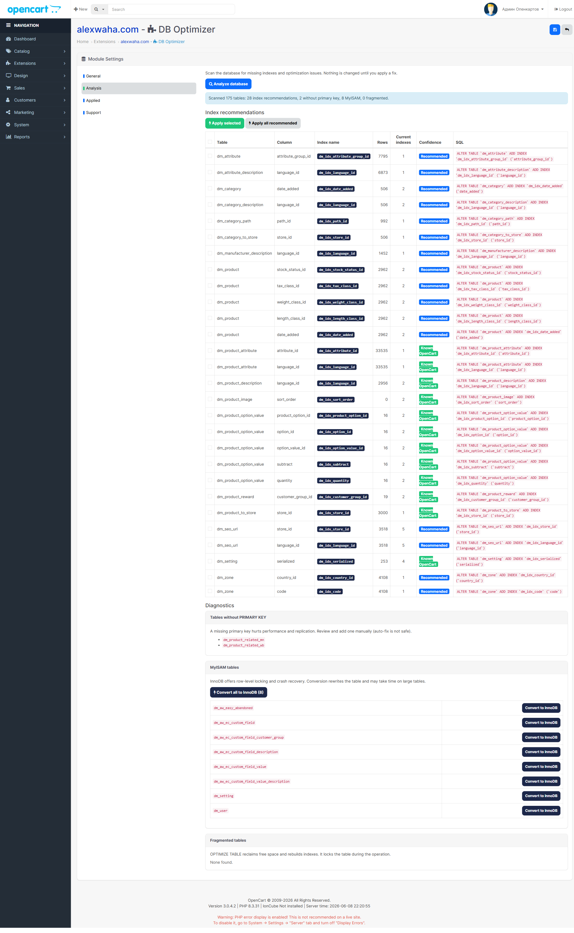 DB Optimizer - Analysis tab showing index recommendations