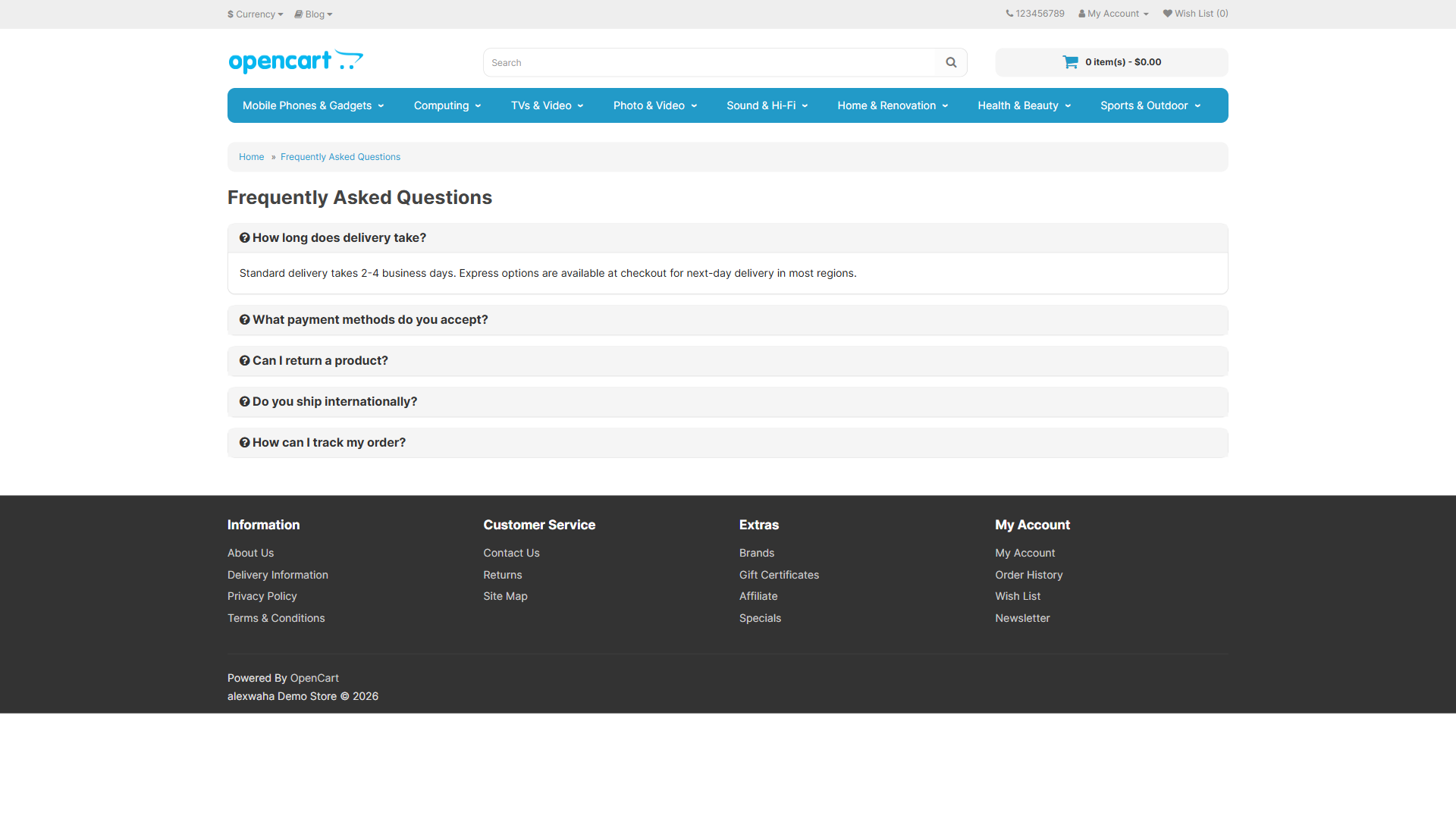 FAQ accordion on the storefront